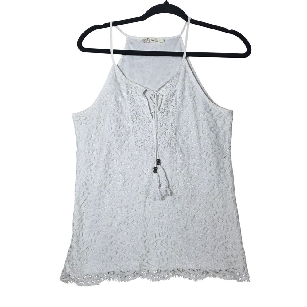L'affaire White Lace Halter Tank Top Crochet Tassel Boho Medium Summer Festival